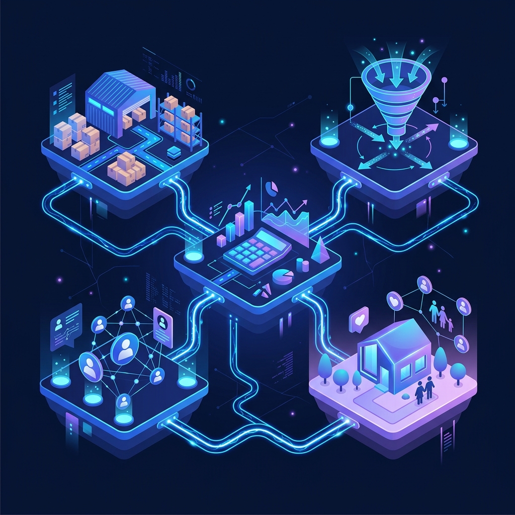 Diagrama del ecosistema Nubexis mostrando los 5 módulos interconectados: Finanzas, Inventario, Ventas, RRHH y Hogar