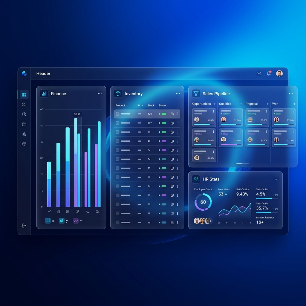 Dashboard de Nubexis mostrando módulos de gestión empresarial: finanzas, inventario, ventas y RRHH